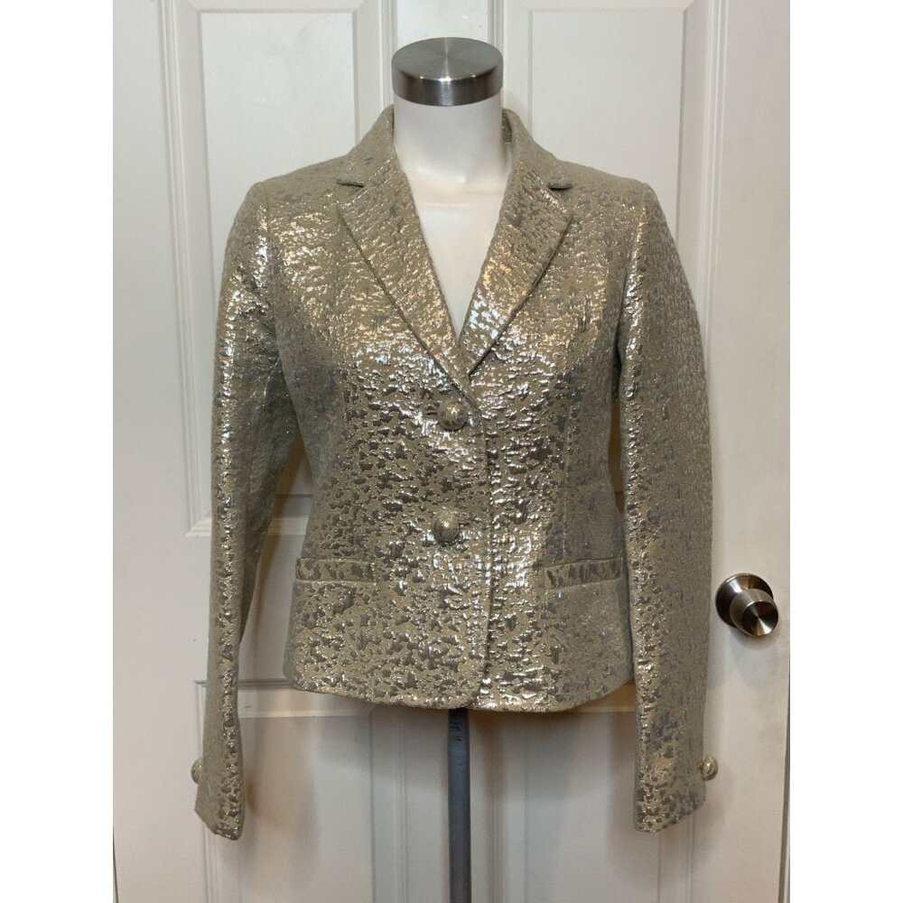J.Crew Collection Tan & Silver Metallic Patterned Wool Blend Blazer, Size 8